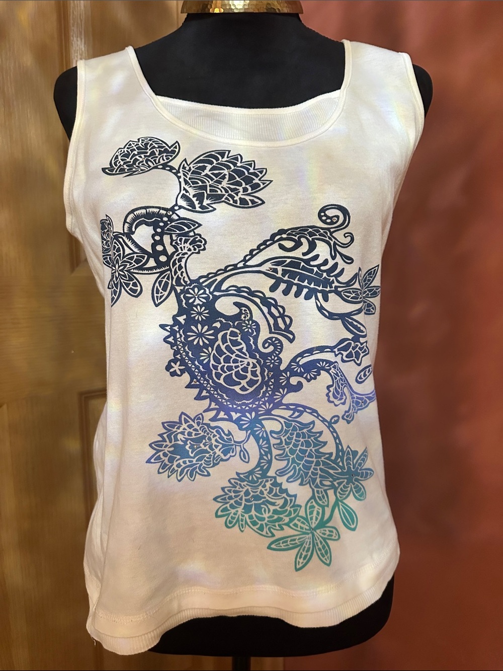 Style & Co. White Tank with Blue-to-Teal Floral Ombre Print